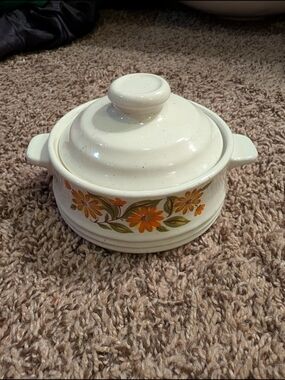 Cream Ceramic Covered Casserole with Orange Floral Pattern
